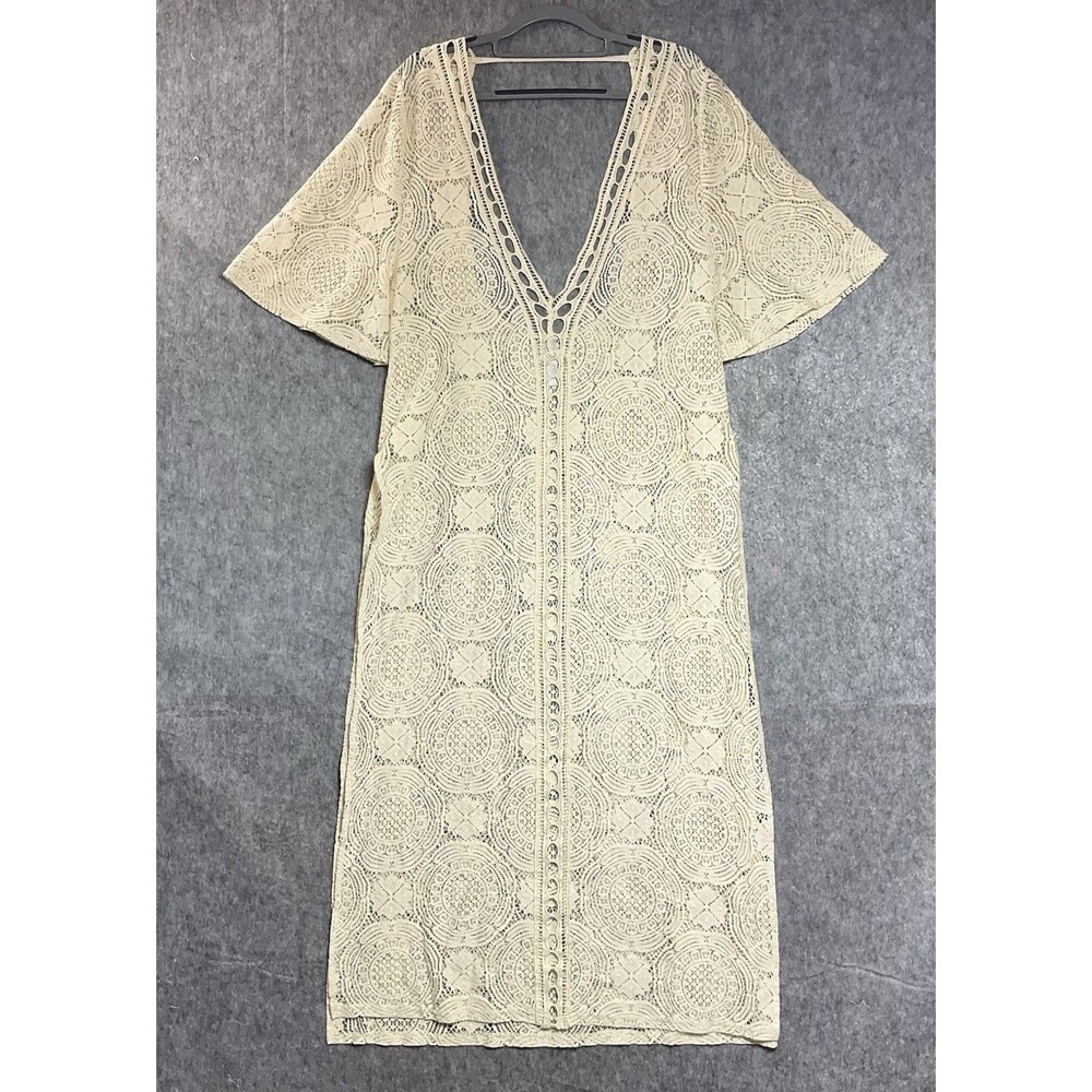 Chelsea 28 Dress Womens Medium Cream Crochet Lace Sheer Maxi Boho Festival